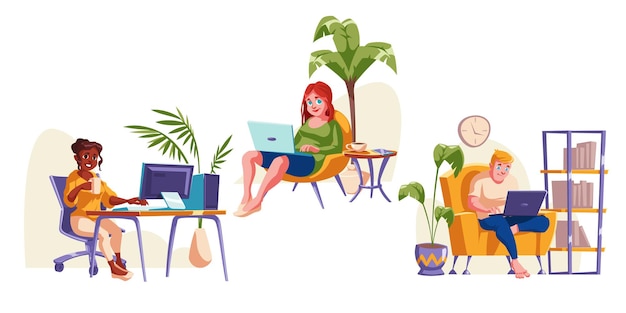 Le persone lavorano in ufficio a casa, seduti in poltrona con il laptop