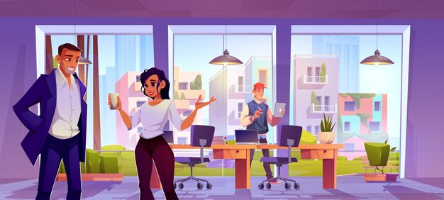 people at work in office interior cartoon background computer desk window and businessman character on workplace professional accountant and woman manager in modern corporate room location