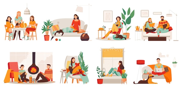 Бесплатное векторное изображение Люди, работающие и отдыхающие в своей уютной квартире в скандинавском стиле, устанавливают изолированные векторные иллюстрации