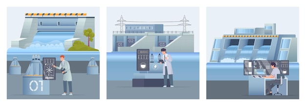 Бесплатное векторное изображение Люди, работающие на гидроэлектростанциях, плоские наборы изолированных векторных иллюстраций