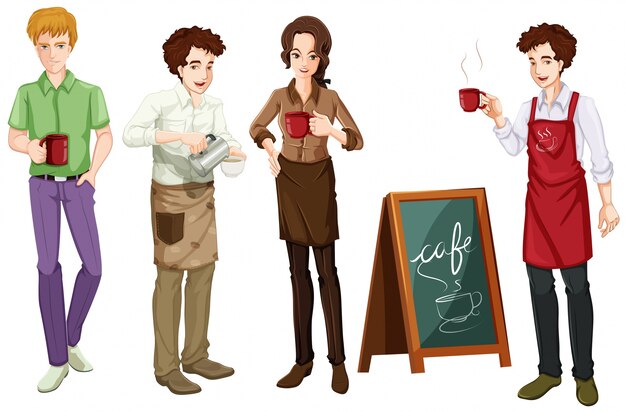 People working at cafe illustration