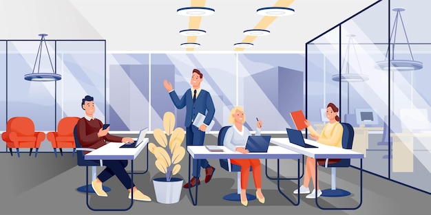 Люди, работающие в офисе, мужчины и женщины, работающие с ноутбуками и разговаривающие вместе Горизонтальная панорама рабочего пространства