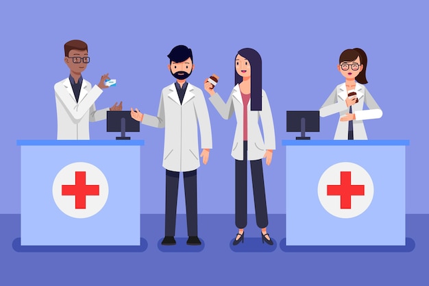 People working in a pharmacy illustrated