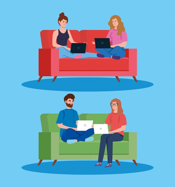 Free vector people working in telecommuting with laptop in couches