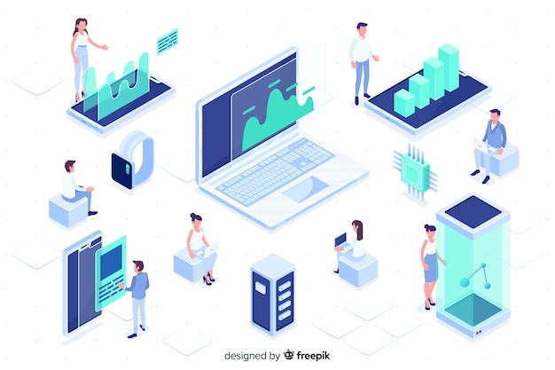 Бесплатное векторное изображение Люди, работающие с технологией изометрического дизайна