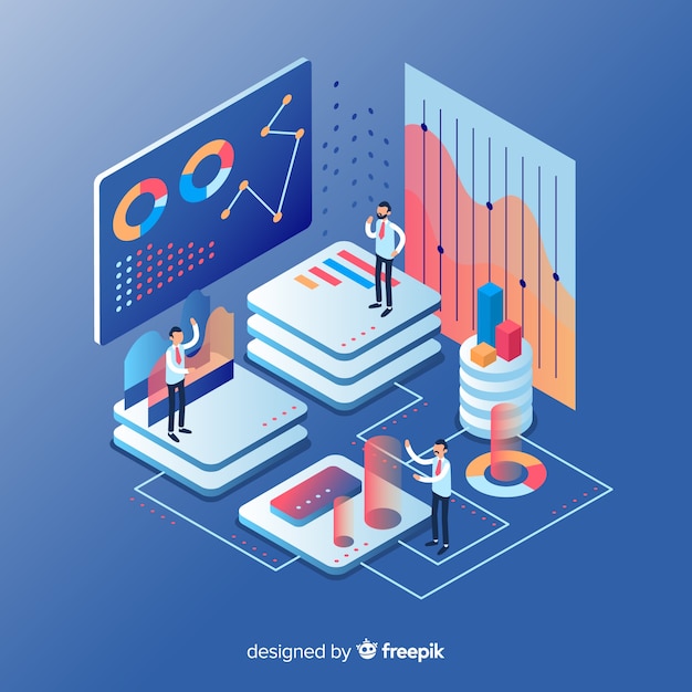 People working with technology isometric style