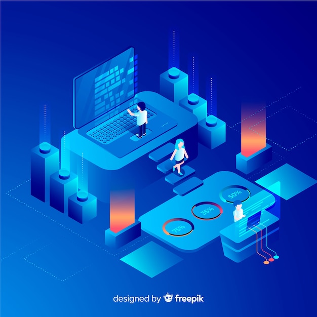 People working with technology isometric style