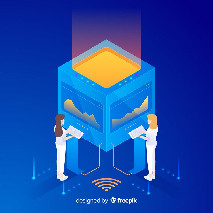Free Vector people working with technology isometric style