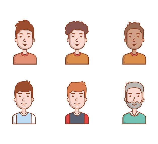 白い背景の異なる髪型イラストを持つ男性を描くのセットです 眼鏡 ひげ 口ひげを持つ男 人のシルエット プレミアムベクター