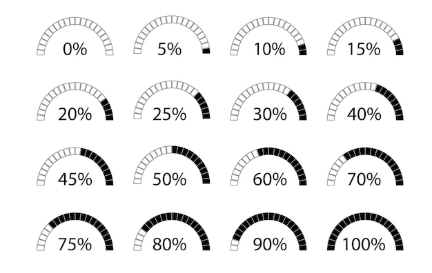 백분율 벡터 기호입니다. 0~100%. 웹, 디자인, 다운로드, 진행에 대한 아이콘을 설정합니다.