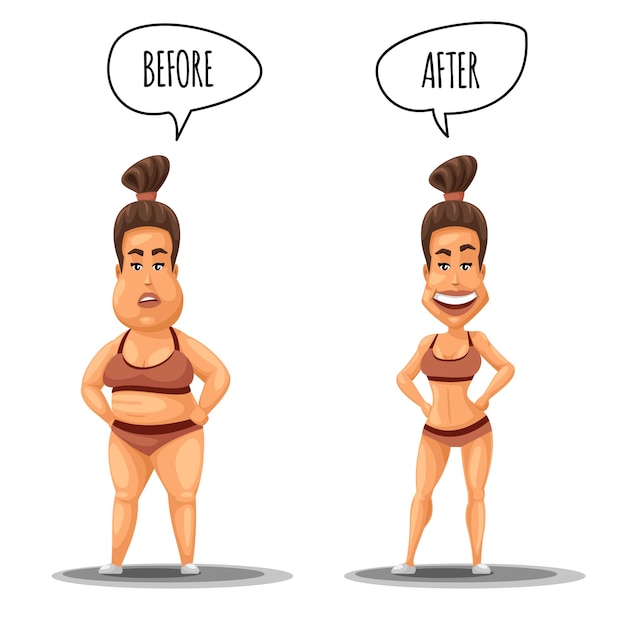 Free vector perfect woman. girl before and after weight loss illustration. woman with overweight amd woman with perfect figure of body