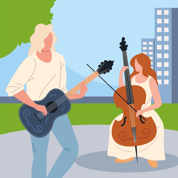 Free Vector perform music on cello and guitar in city outdoor