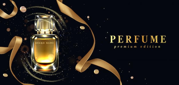 Perfume bottle and gold ribbon on black