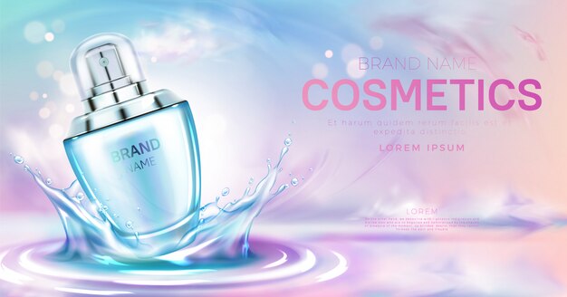 Perfume cosmetic bottle on splashing water surface banner