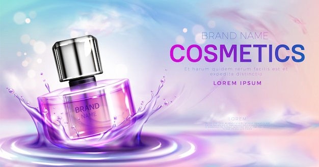 Free vector perfume cosmetic bottle on splashing water surface banner