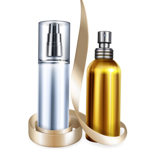 Perfume and cosmetic bottles illustration of 3D realistic isolated mockups for premium brand 