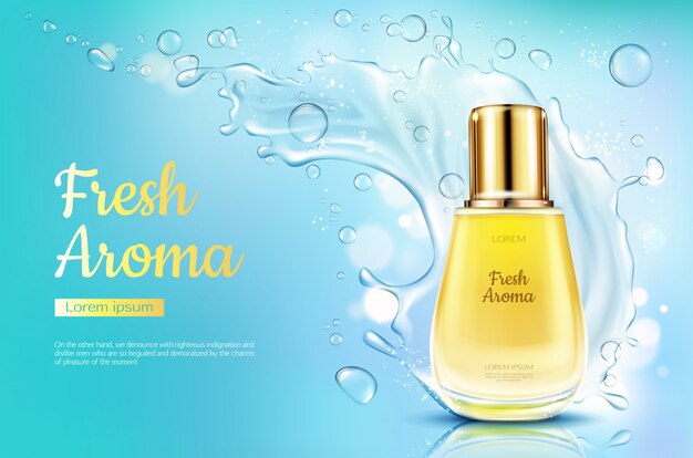 Download Free Vector Oil Perfume Glass Bottle With Yellow Liquid Splash On Pink Gradient Background PSD Mockup Templates