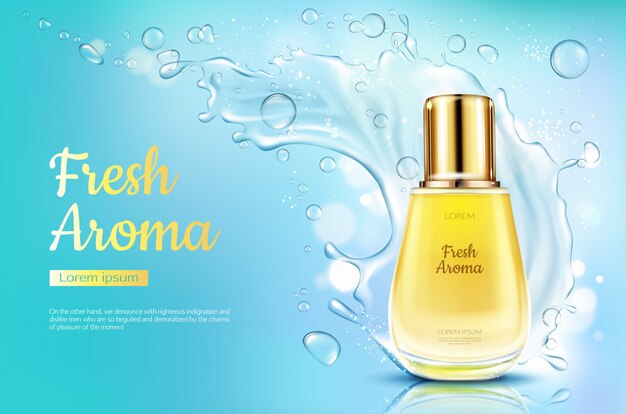 Perfume fresh aroma in glass bottle with water splash on blue blurred background.