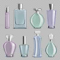 Free vector perfume glass bottles set on transparent