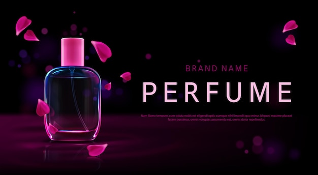 Perfume promo background with glass bottle