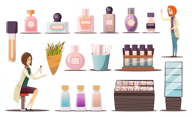 Perfume shop icon set with cosmetic corners shop windows and cosmetic products 