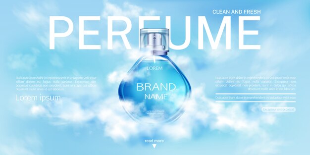 Perfume spray bottle in cloudy sky  banner.