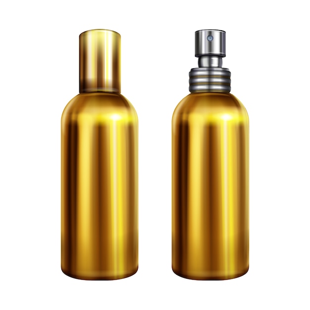 Free vector perfume spray illustration of metallic golden bottle or container with silver sprayer cap