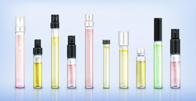 Образец аромата стеклянных флаконов для парфюмерии в прозрачных пробирках с черными и белыми колпачками на синем
