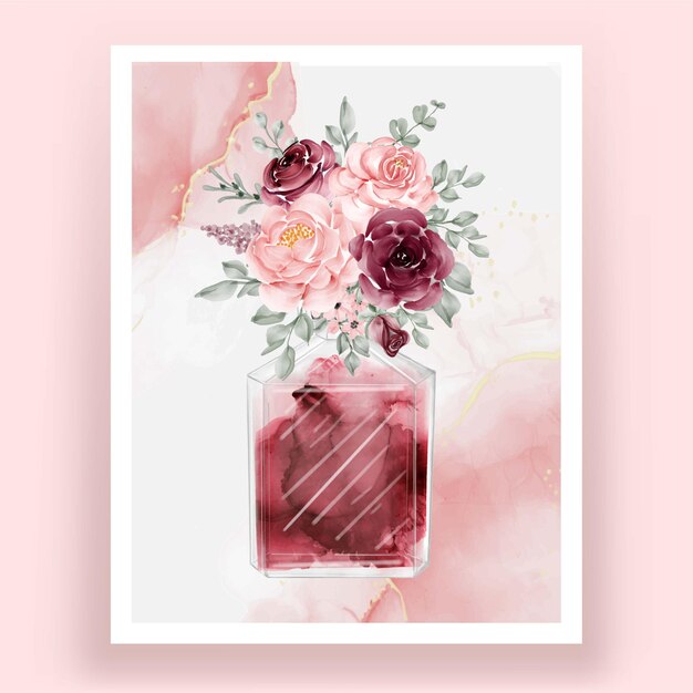 Perfume with flower rose pink burgundy