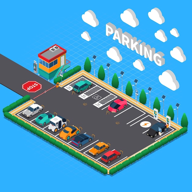 Free vector perpendicular parking lot with plug in electric vehicles ecological charging stalls attendant booth isometric composition