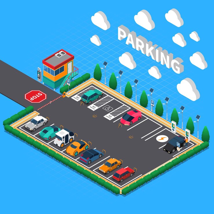 Free Vector perpendicular parking lot with plug in electric vehicles ecological charging stalls attendant booth isometric composition