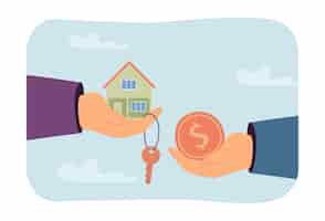 Free vector person buying house. two hands exchanging coin on house and keys. purchase, real estate concept for banner, website design or landing web page