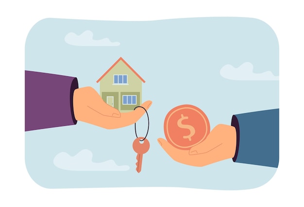 Person buying house. Two hands exchanging coin on house and keys. Purchase, real estate concept for banner, website design or landing web page