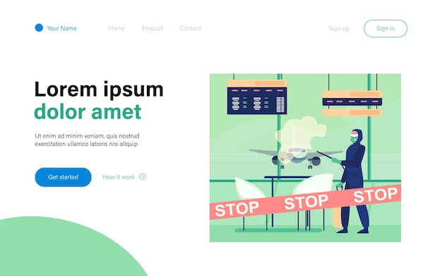空港をウイルスから消毒する防護服を着た人。コロナウイルス、飛行機、停止フラットイラスト