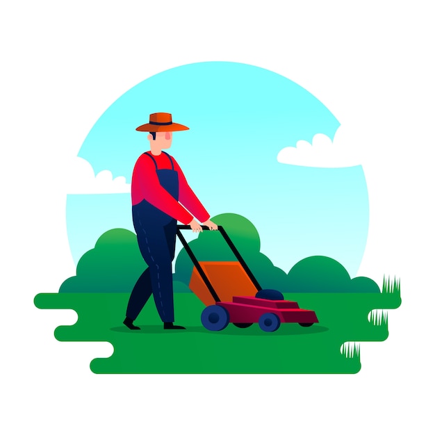 Free vector person lawn mowing outdoors illustration