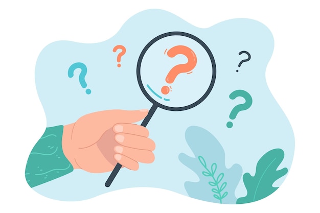 Person looking through magnifying glass on question mark. Hand holding magnifier for search of answer flat vector illustration. Information concept for banner, website design or landing web page