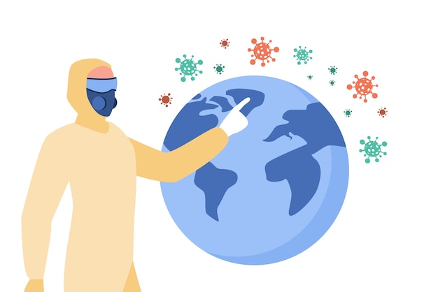 Бесплатное векторное изображение Лицо, представившее коронавирус, распространилось. человек в защитном костюме и маске, указывая на глобус плоской иллюстрации.