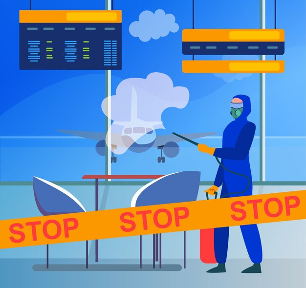 空港からウイルスを消毒する保護服を着た人。コロナウイルス、飛行機、フラットベクトル図を停止します。パンデミックと予防