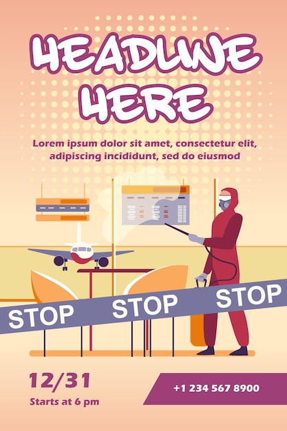 Free vector person in protective costume disinfecting airport from virus flyer template