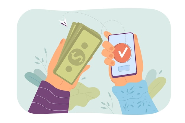 Free vector person sending money using phone flat vector illustration. hands holding cash and smartphone with banking app on its screen. money transferring concept for banner, website design or landing web page