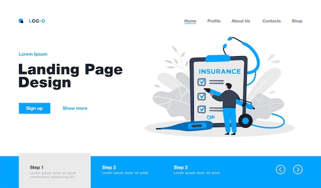 Free vector person studying terms and signing health insurance agreement landing page in flat style