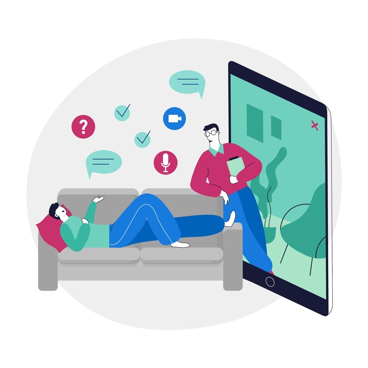 Free Vector person talking to therapist though video calling app