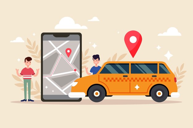 Person next to taxi app on phone illustration