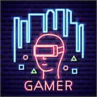 Free vector person with virtual reality glasses, video game neon linear style