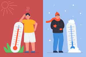 Free vector person with winter cold, summer heat and thermometer. man standing in freeze and snow or suffering from hot weather flat vector illustration. meteorology, extreme high and low temperature concept
