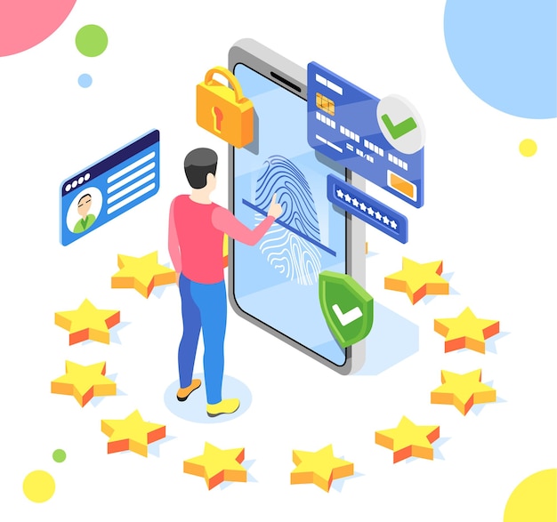 Personal data protection gdpr isometric composition with man and smartphone with pictograms inside eu stars circle illustration