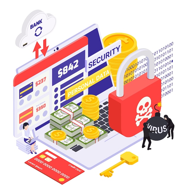 Personal data protection isometric composition  with credit card banknotes coins red padlock with skull 