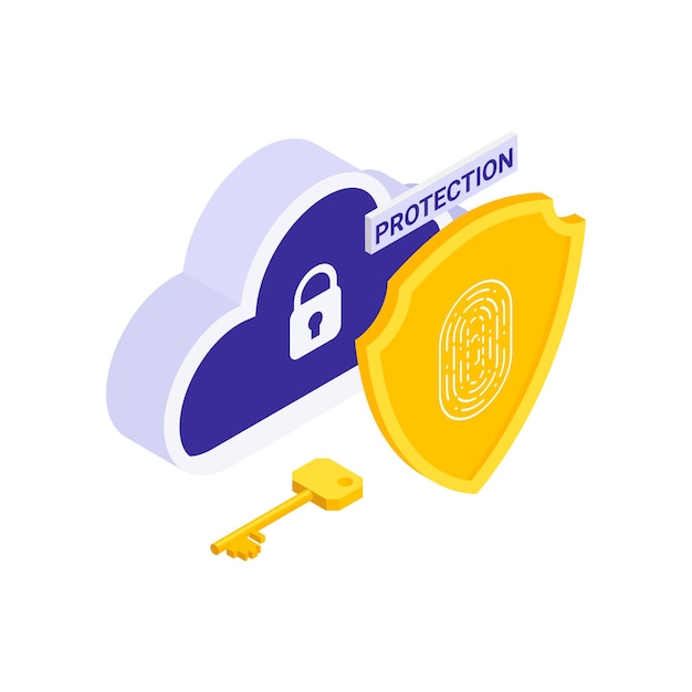 Illustrazione isometrica di protezione dei dati personali con scudo chiave cloud su bianco