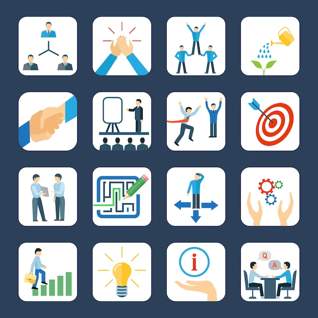 Free Vector personal development and teamwork mentoring business programs flat icons set 