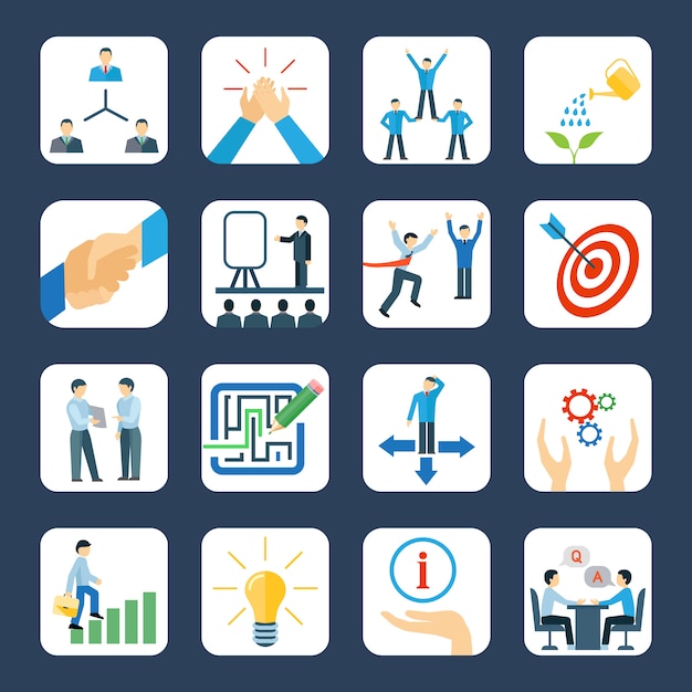Personal development and teamwork mentoring business programs flat icons set 